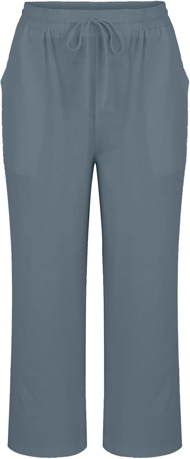 Womens Summer Cotton Linen Pants 2025 Trendy Side Slit Ankle Wide Leg Beach Trousers Elastic Waist Drawstring Slacks