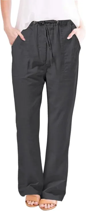 Womens Summer Linen Pants Casual High Waisted Loose Lightweight Pants Wide Leg Slacks Baggy Drawstring Stretchy Trousers