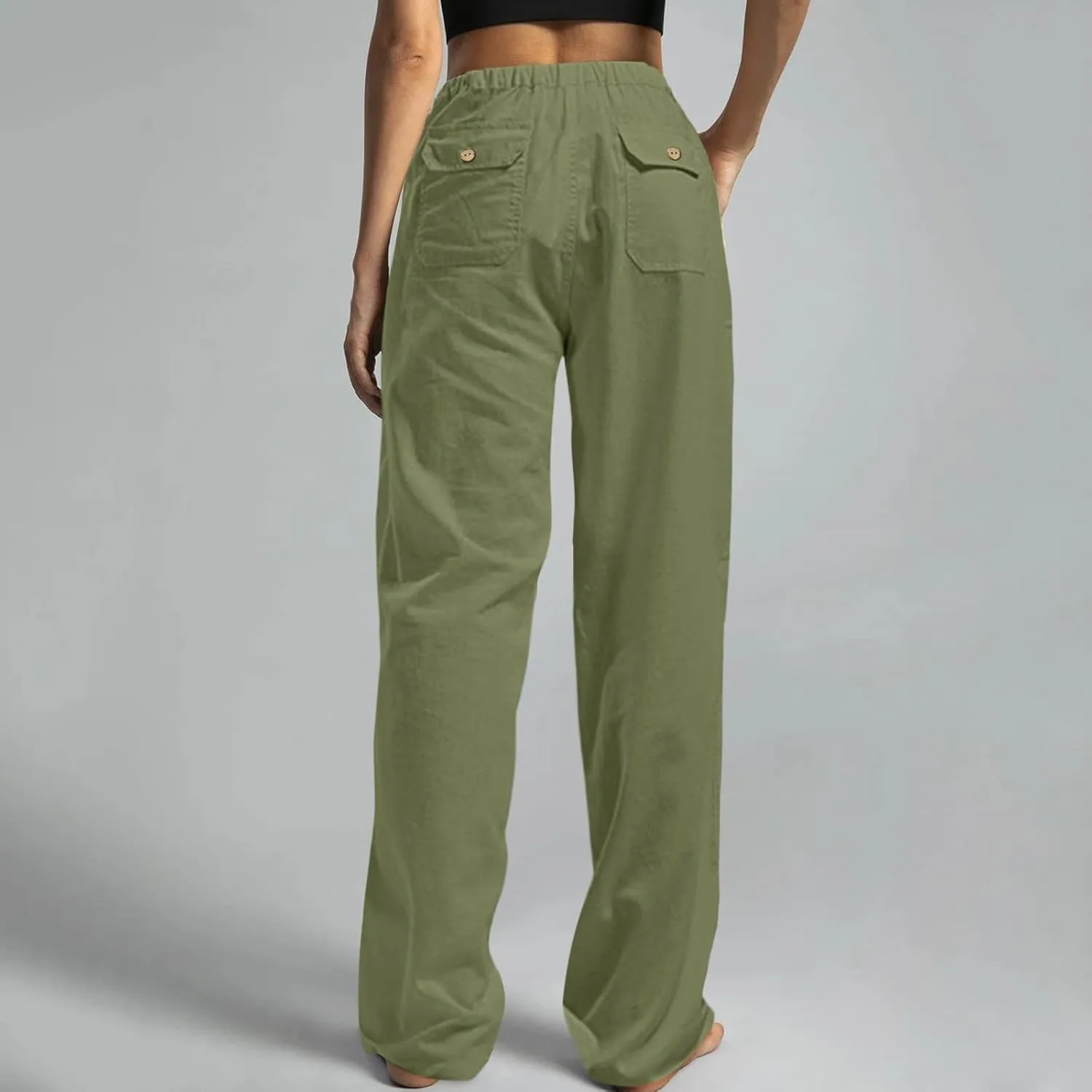 Womens Summer Linen Pants Casual High Waisted Loose Lightweight Pants Wide Leg Slacks Baggy Drawstring Stretchy Trousers