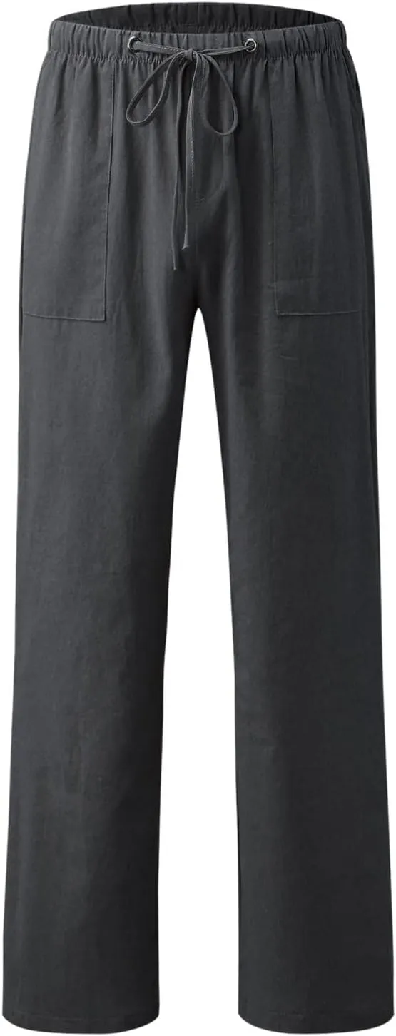 Womens Summer Linen Pants Casual High Waisted Loose Lightweight Pants Wide Leg Slacks Baggy Drawstring Stretchy Trousers