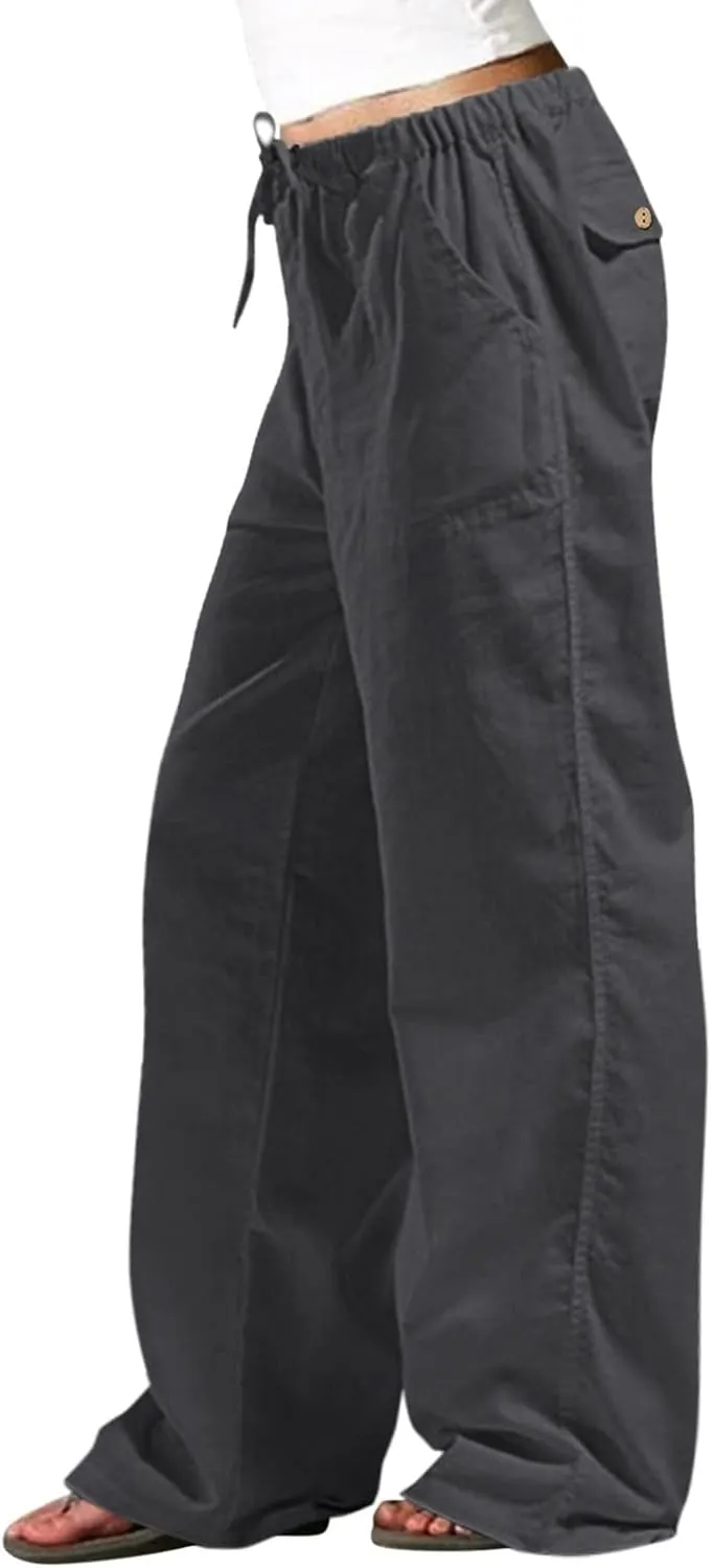 Womens Summer Linen Pants Casual High Waisted Loose Lightweight Pants Wide Leg Slacks Baggy Drawstring Stretchy Trousers