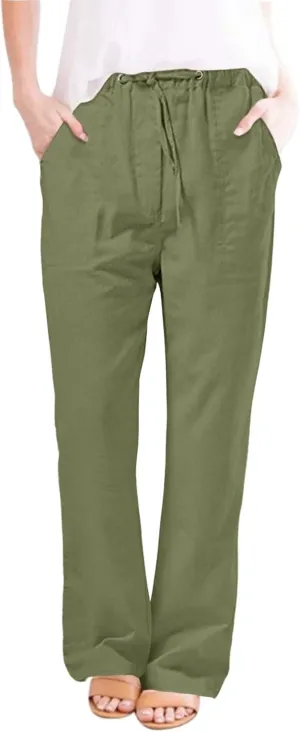 Womens Summer Linen Pants Casual High Waisted Loose Lightweight Pants Wide Leg Slacks Baggy Drawstring Stretchy Trousers