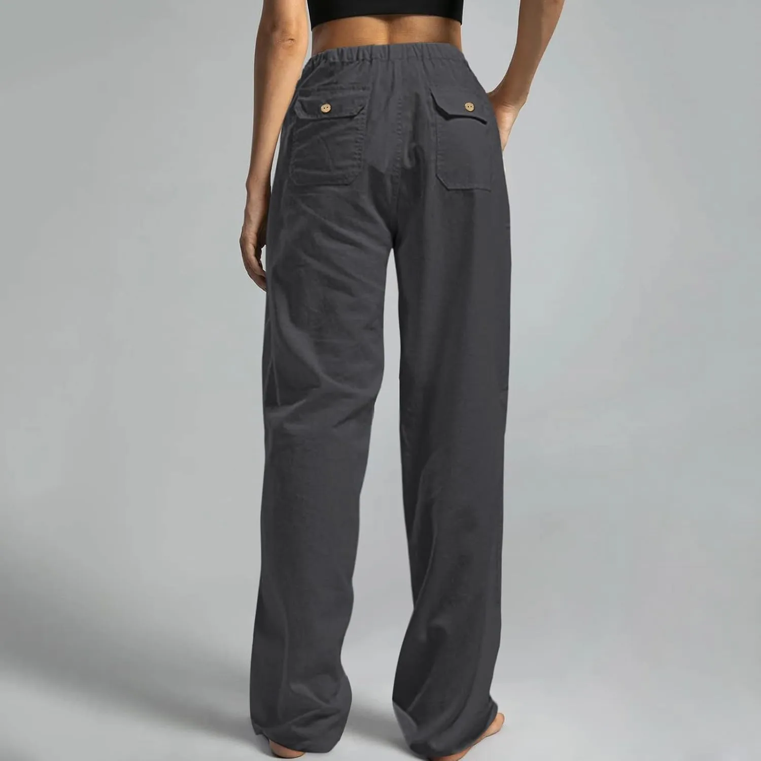 Womens Summer Linen Pants Casual High Waisted Loose Lightweight Pants Wide Leg Slacks Baggy Drawstring Stretchy Trousers