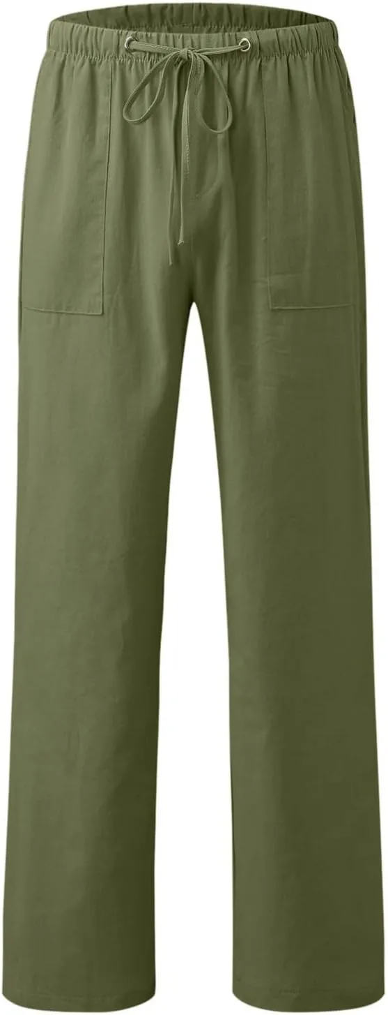 Womens Summer Linen Pants Casual High Waisted Loose Lightweight Pants Wide Leg Slacks Baggy Drawstring Stretchy Trousers
