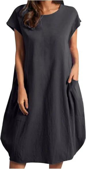 Women's Summer Midi Dress Casual Plain Simple T-Shirt Loose Dress Crewneck Short Sleeve T Shirt Sundress with Pockets