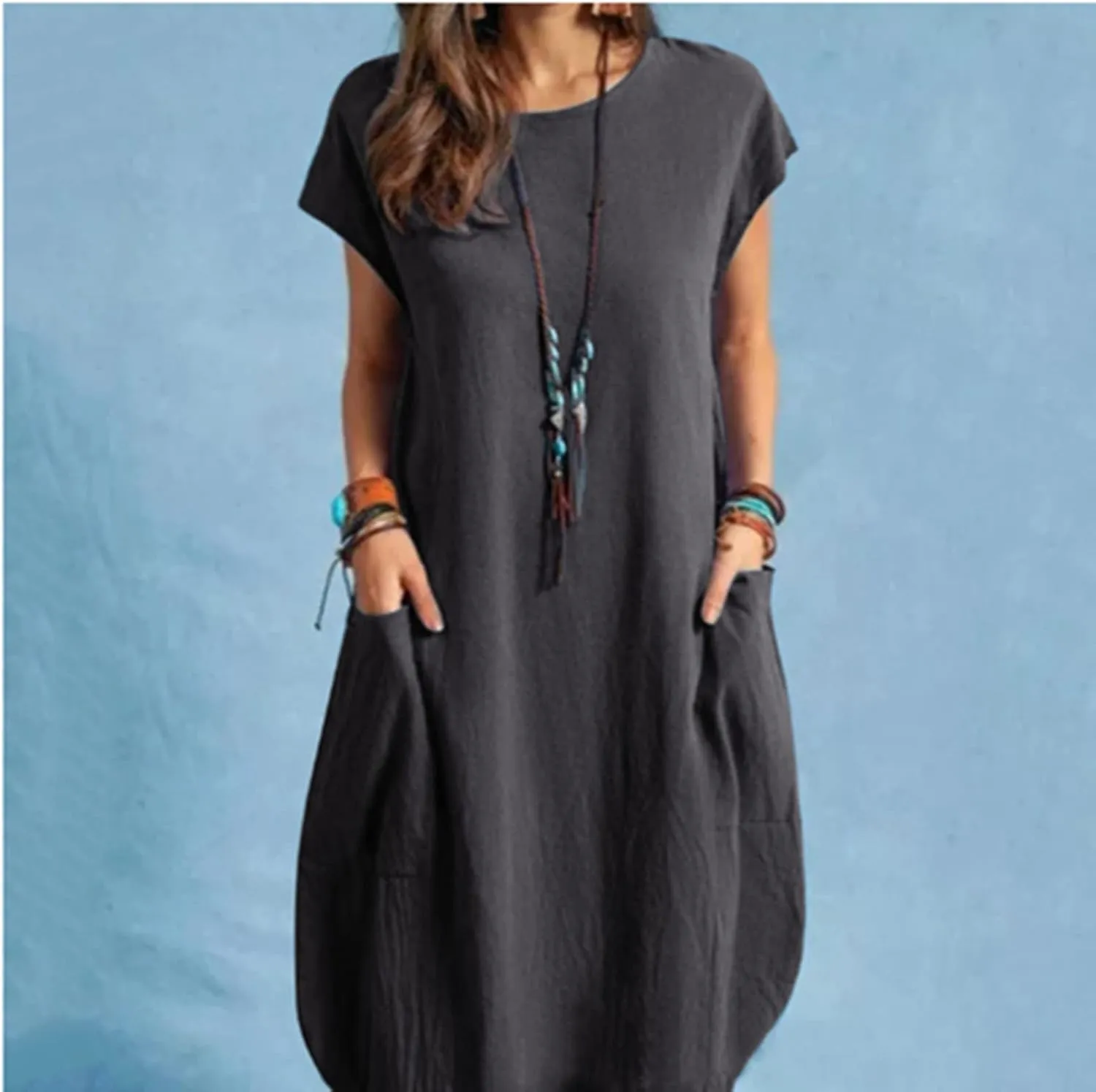 Women's Summer Midi Dress Casual Plain Simple T-Shirt Loose Dress Crewneck Short Sleeve T Shirt Sundress with Pockets