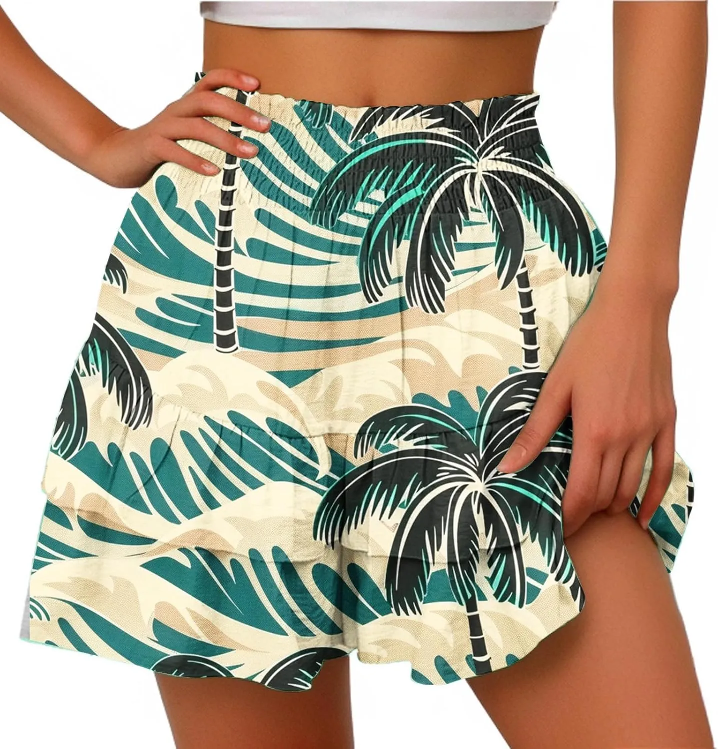 Womens Tie Dye Ruffle Mini Skirt High Waist Elastic Layered Summer Skort Shorts Casual Beach Skirt Inner Liner Shorts
