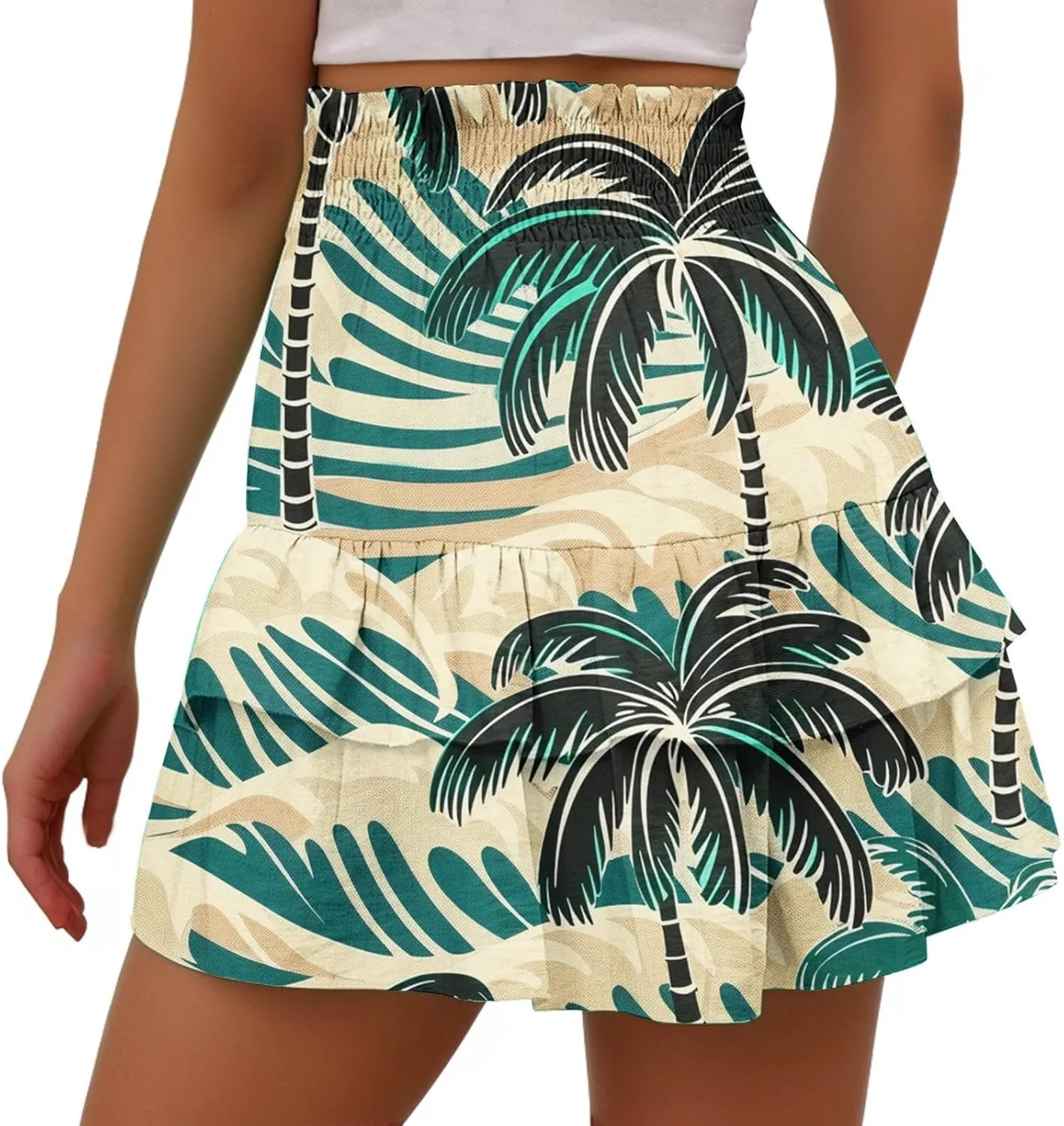 Womens Tie Dye Ruffle Mini Skirt High Waist Elastic Layered Summer Skort Shorts Casual Beach Skirt Inner Liner Shorts