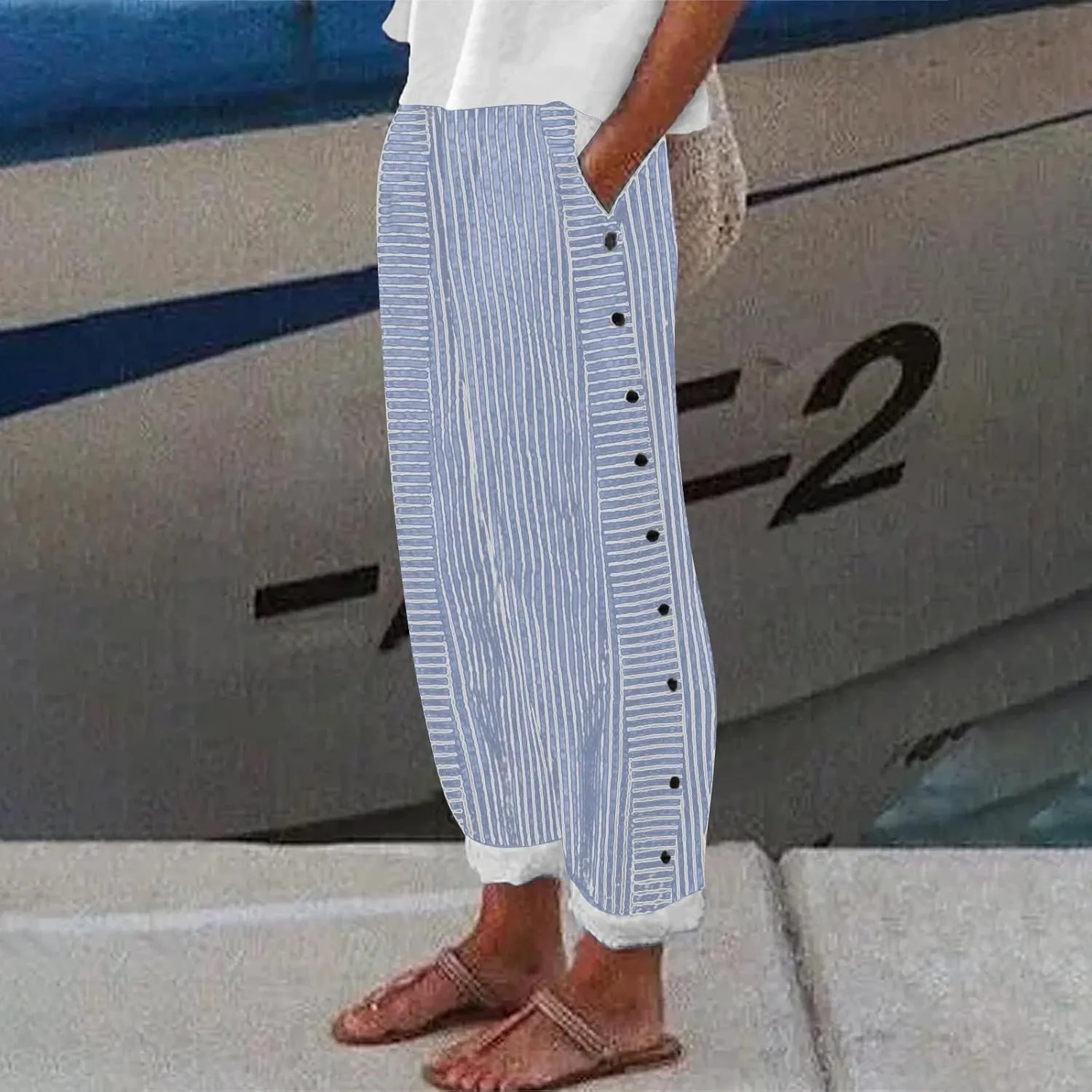 Womens Trendy Striped Linen Pants Casual High Waist Capri 2025 Summer Straight Leg Trousers with Pockets Workwear