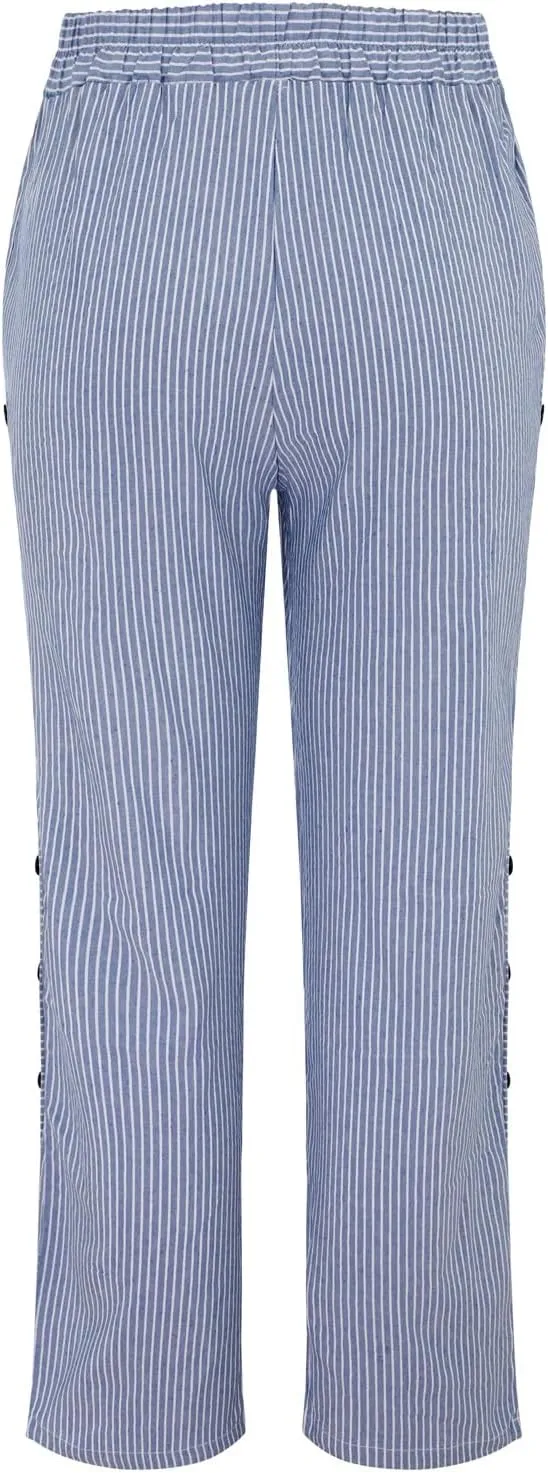 Womens Trendy Striped Linen Pants Casual High Waist Capri 2025 Summer Straight Leg Trousers with Pockets Workwear