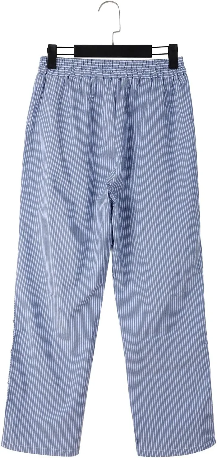 Womens Trendy Striped Linen Pants Casual High Waist Capri 2025 Summer Straight Leg Trousers with Pockets Workwear