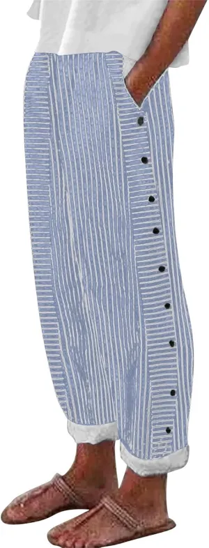 Womens Trendy Striped Linen Pants Casual High Waist Capri 2025 Summer Straight Leg Trousers with Pockets Workwear