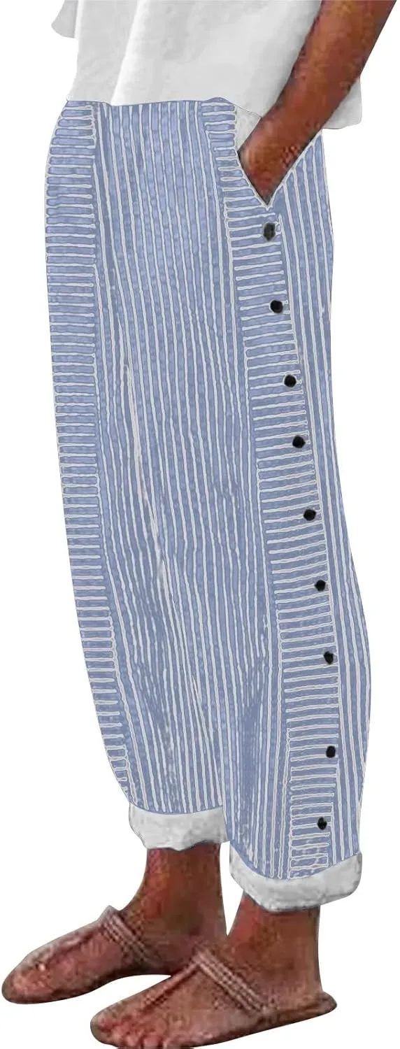 Womens Trendy Striped Linen Pants Casual High Waist Capri 2025 Summer Straight Leg Trousers with Pockets Workwear
