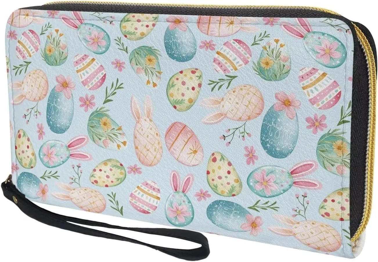 Women's Wallet Large Capacity Zip Around Clutch Purse Metal Zipper Credit Card Holder for Shopping Stylish Blue Cute Flower Easter Eggs Print Wristlet Wallet Phone Holder for Cash,CoinBill