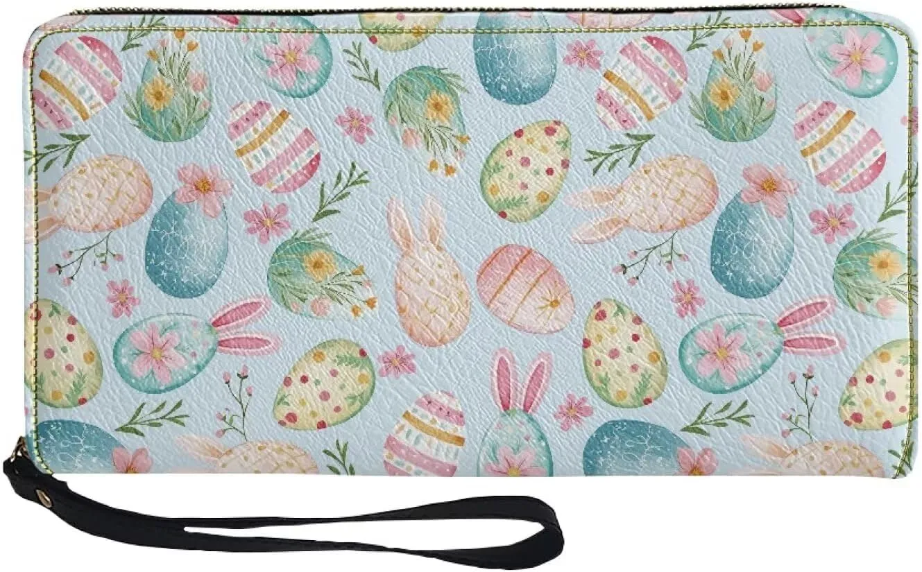 Women's Wallet Large Capacity Zip Around Clutch Purse Metal Zipper Credit Card Holder for Shopping Stylish Blue Cute Flower Easter Eggs Print Wristlet Wallet Phone Holder for Cash,CoinBill