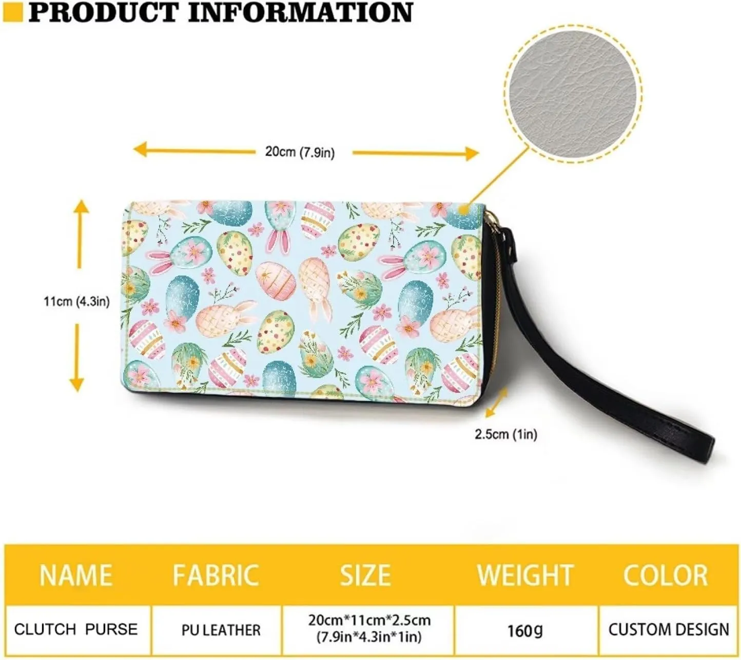 Women's Wallet Large Capacity Zip Around Clutch Purse Metal Zipper Credit Card Holder for Shopping Stylish Blue Cute Flower Easter Eggs Print Wristlet Wallet Phone Holder for Cash,CoinBill