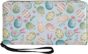 Women's Wallet Large Capacity Zip Around Clutch Purse Metal Zipper Credit Card Holder for Shopping Stylish Blue Cute Flower Easter Eggs Print Wristlet Wallet Phone Holder for Cash,CoinBill
