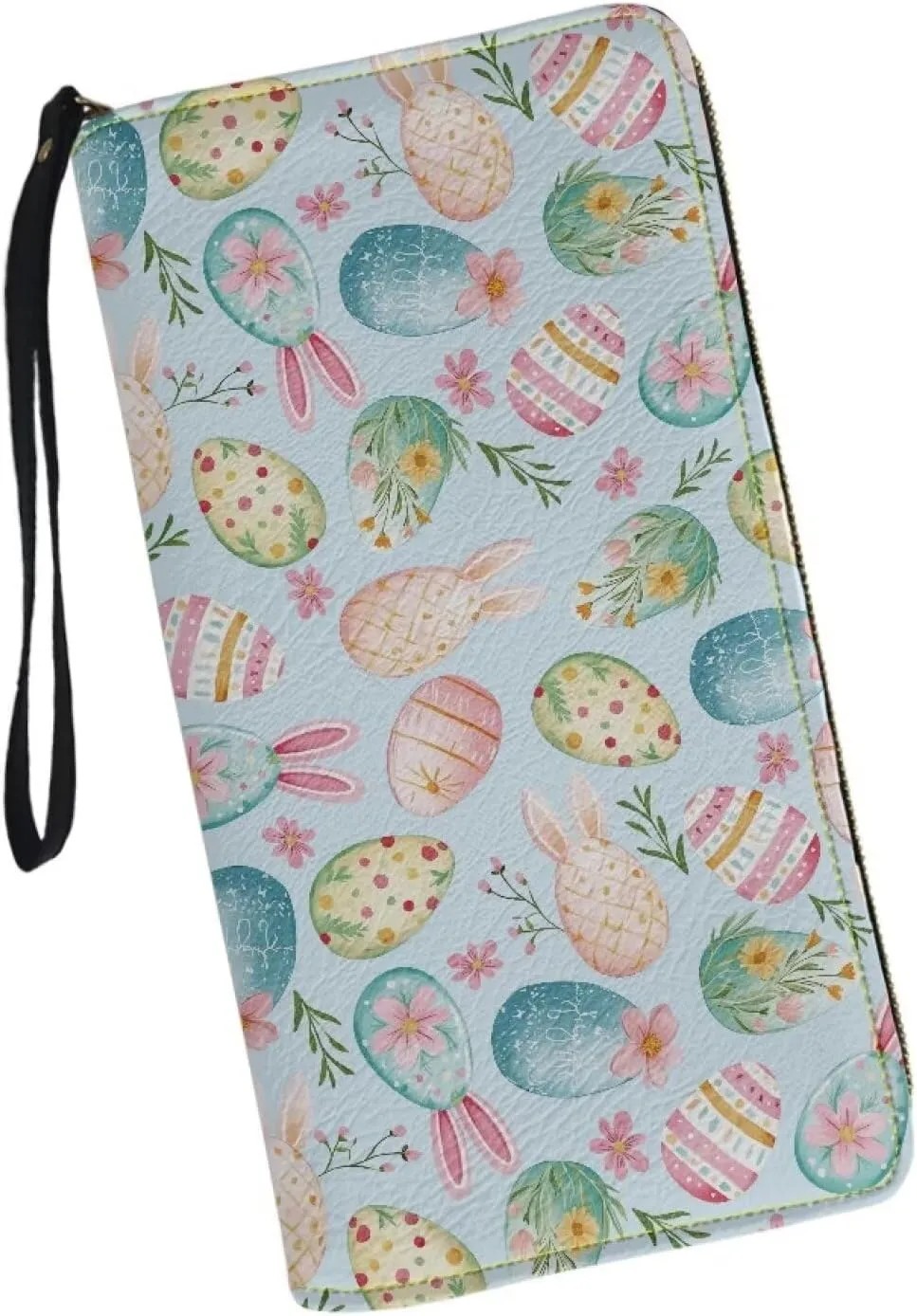 Women's Wallet Large Capacity Zip Around Clutch Purse Metal Zipper Credit Card Holder for Shopping Stylish Blue Cute Flower Easter Eggs Print Wristlet Wallet Phone Holder for Cash,CoinBill