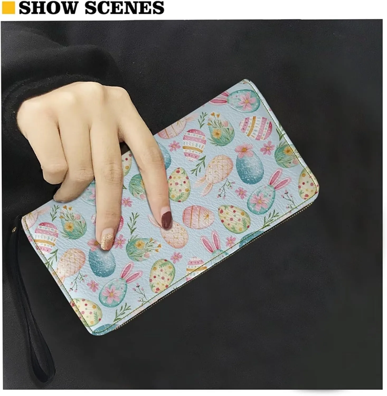 Women's Wallet Large Capacity Zip Around Clutch Purse Metal Zipper Credit Card Holder for Shopping Stylish Blue Cute Flower Easter Eggs Print Wristlet Wallet Phone Holder for Cash,CoinBill