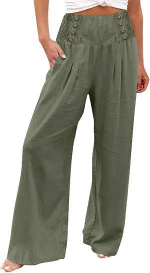 Women's Wide-Leg Cotton and Linen Loose Trousers Summer Boho Palazzo Pants Daily Casual Lounge Beach Travel Pant