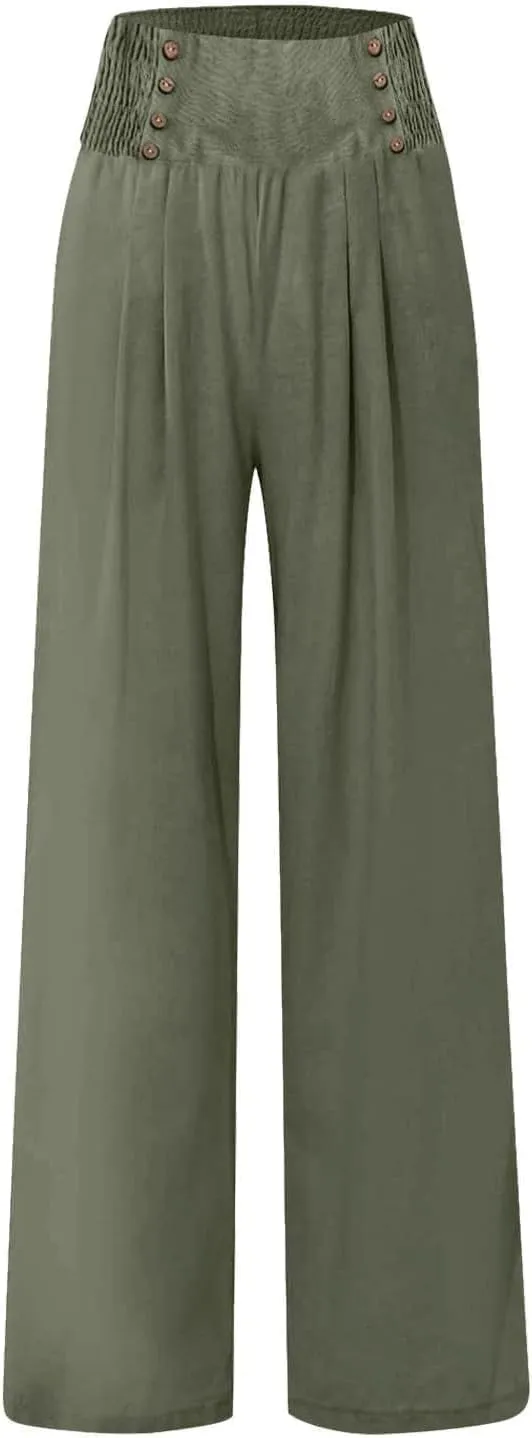 Women's Wide-Leg Cotton and Linen Loose Trousers Summer Boho Palazzo Pants Daily Casual Lounge Beach Travel Pant