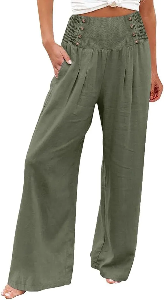 Women's Wide-Leg Cotton and Linen Loose Trousers Summer Boho Palazzo Pants Daily Casual Lounge Beach Travel Pant