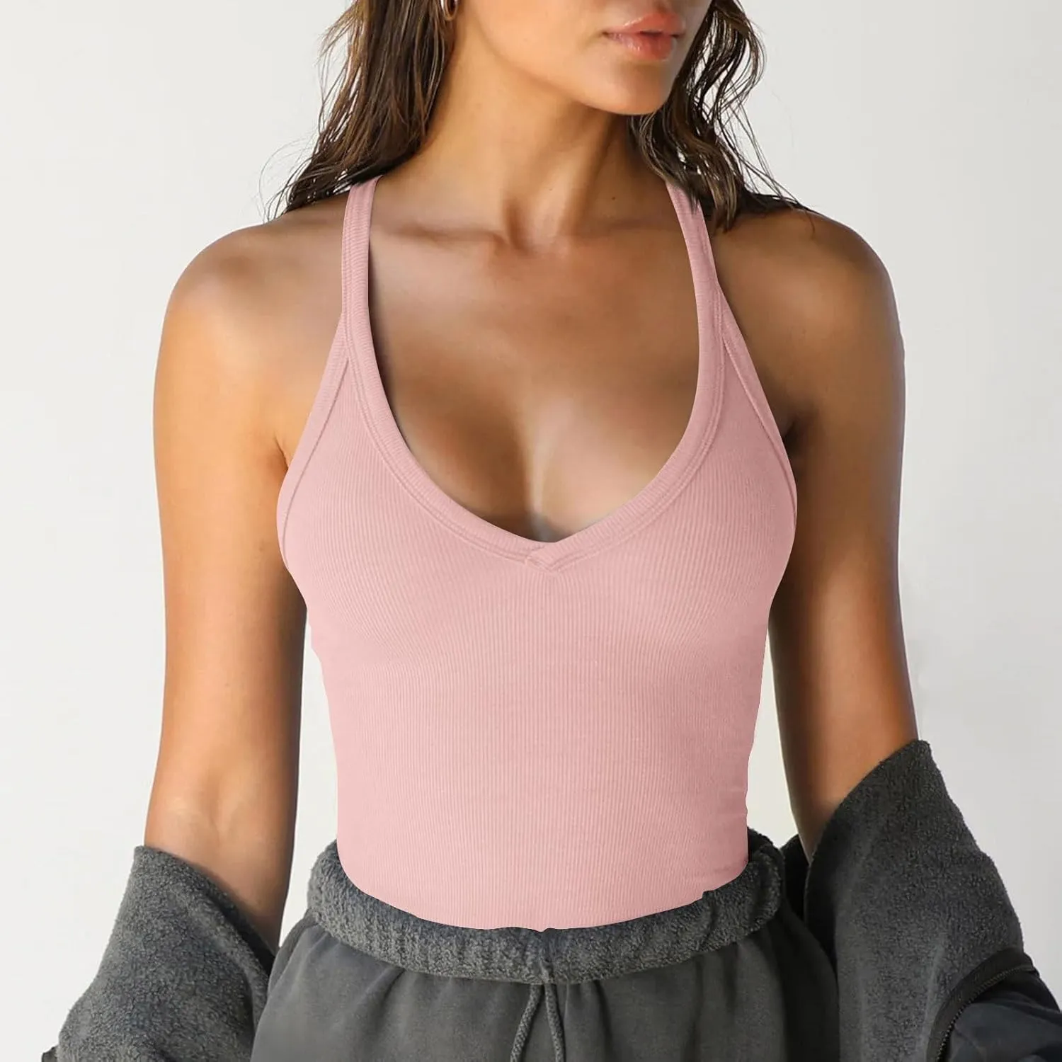 Womens Workout Camisole Tops Sexy Low Cut Tank Top Solid Summer Sleeveless Shirts Slim Fit Camis for Gym Running Yoga