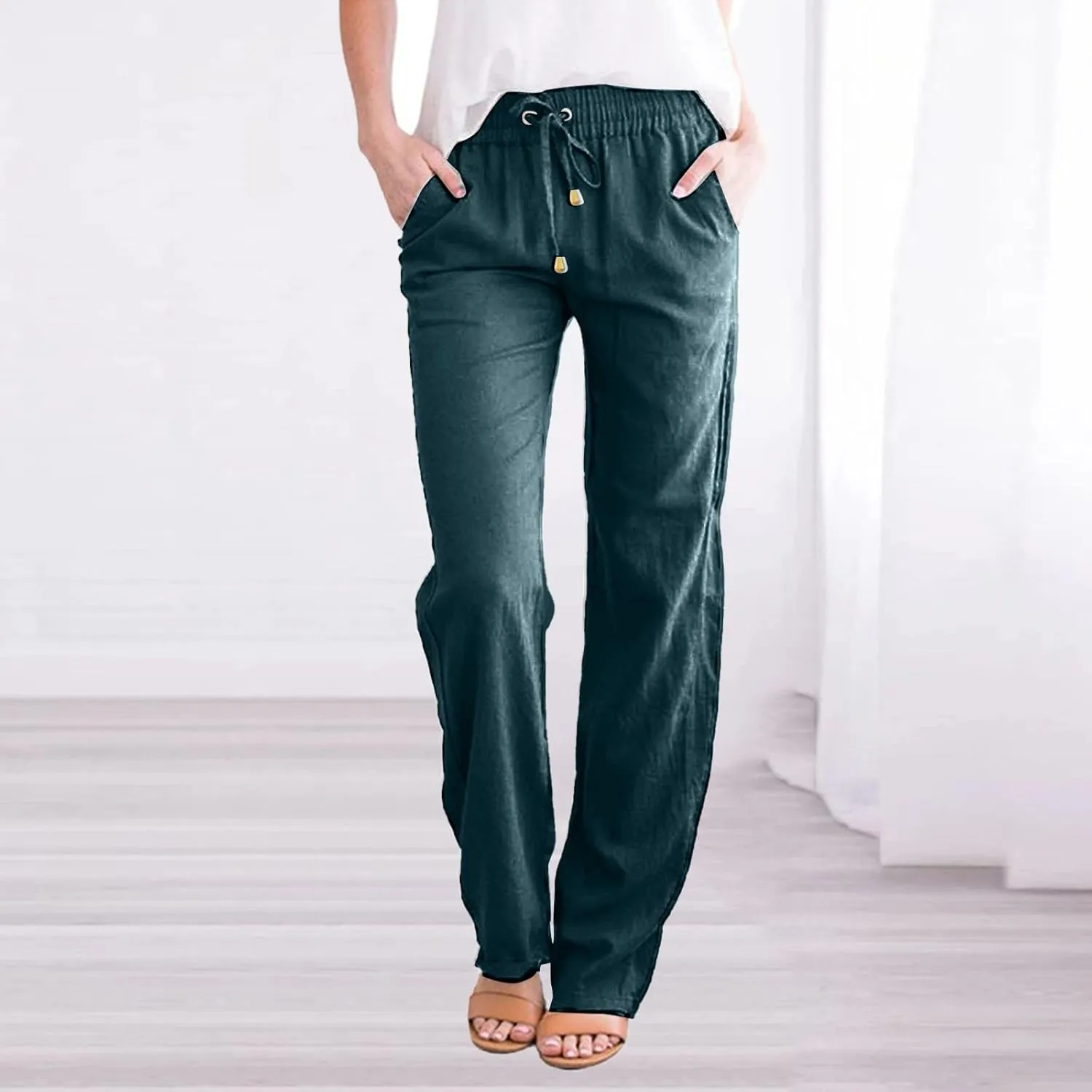 Women'sLinen Palazzo Pants and Straight Solid Elastic Pants Long Drawstring Women Waist Flowy Wide Leg Palazzo