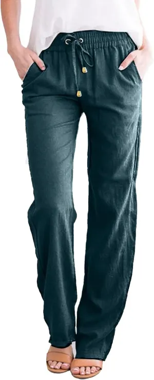 Women'sLinen Palazzo Pants and Straight Solid Elastic Pants Long Drawstring Women Waist Flowy Wide Leg Palazzo