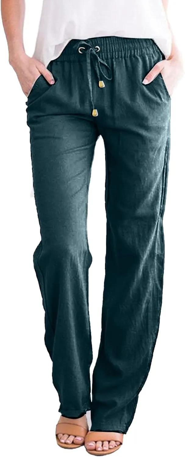 Women'sLinen Palazzo Pants and Straight Solid Elastic Pants Long Drawstring Women Waist Flowy Wide Leg Palazzo