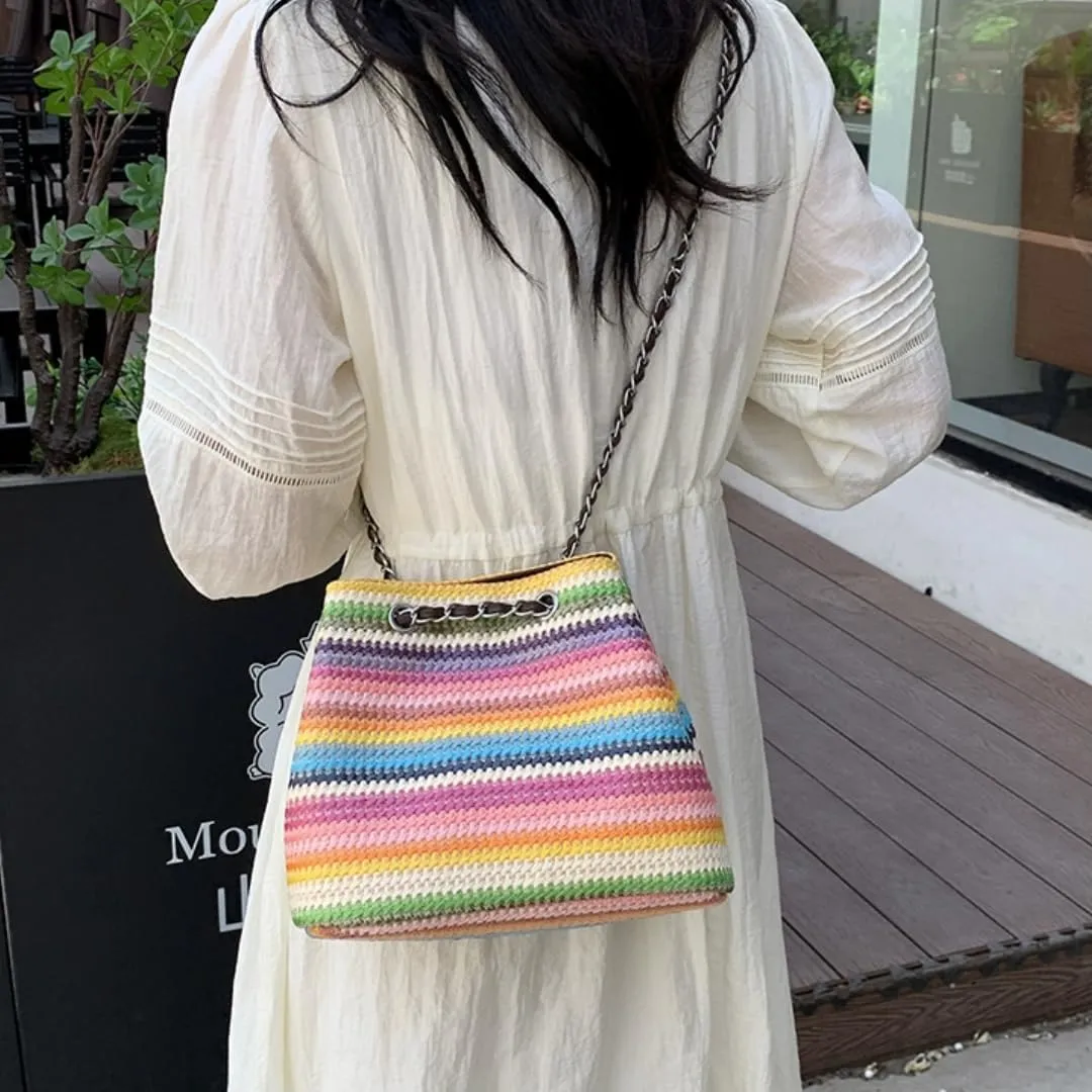 Woven Rainbow Color Large Capacity Chain Shoulder Bucket Bag for Women - Stylish & Functional,Travel & Work Bag