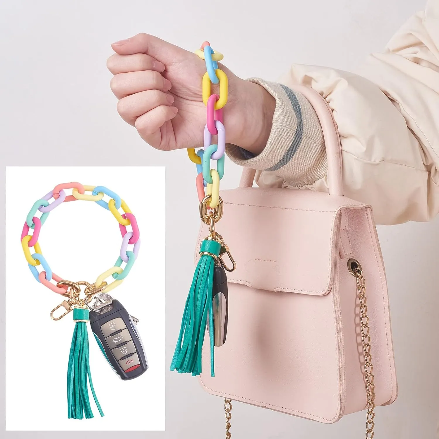 Wristlet Keychain Acrylic Chain Link Key Ring Bracelet for Women Cute Boho Car Keychain Holder with Tassel