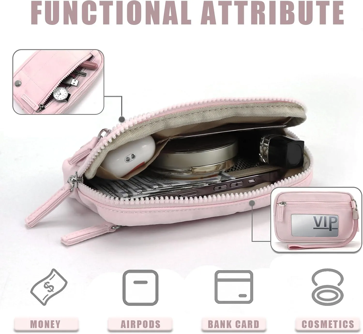 Wristlet Wallets for Women Nylon Quilted 3 Zipper Purse for RFID Credit Card Travel Holder Phone Organizer