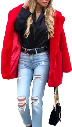 xxxiticat Women's Winter Furry Trench Long Fake Fur Coat Faux Rabbit Fur Jacket Outerwear