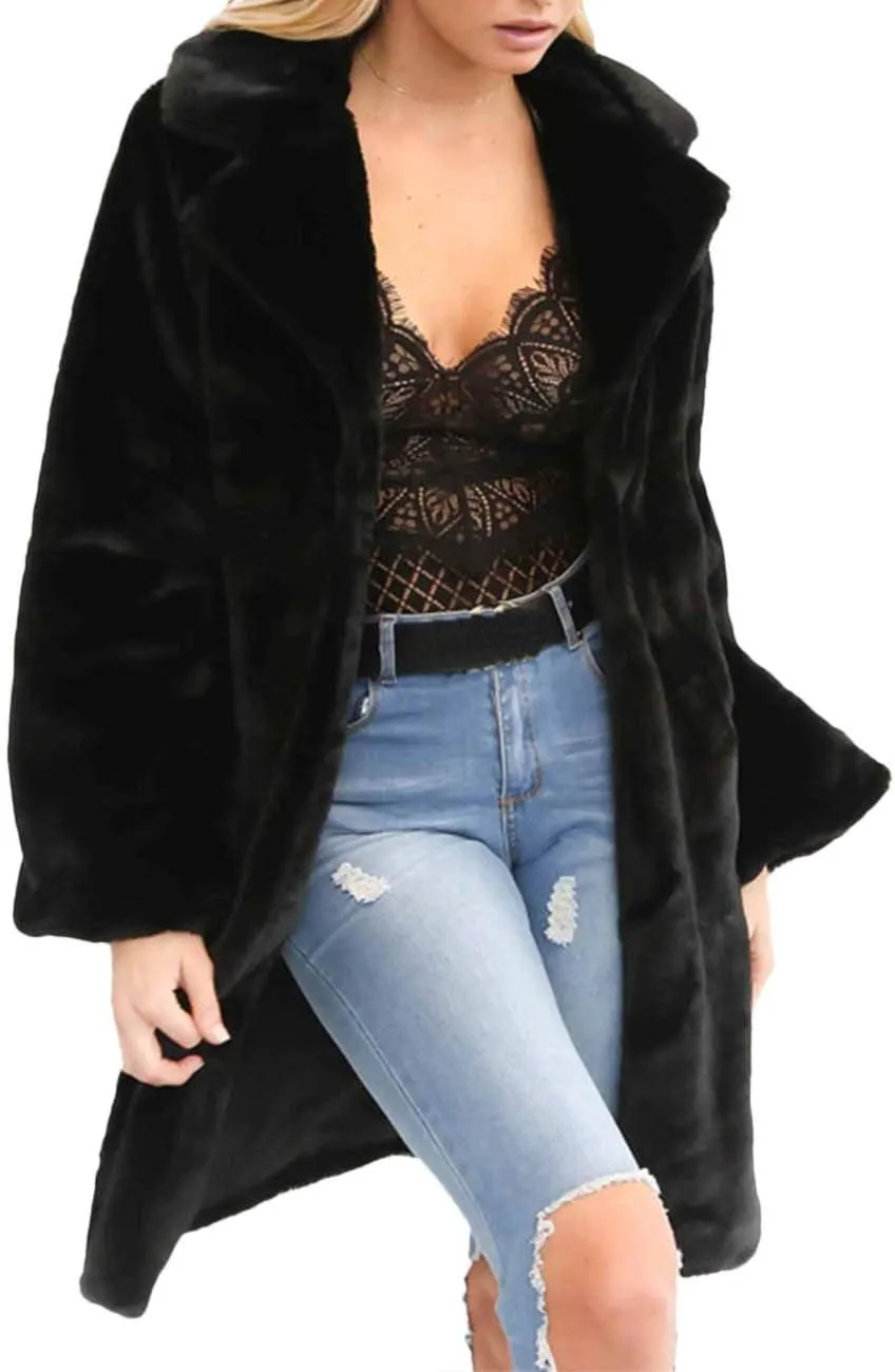 xxxiticat Women's Winter Furry Trench Long Fake Fur Coat Faux Rabbit Fur Jacket Outerwear