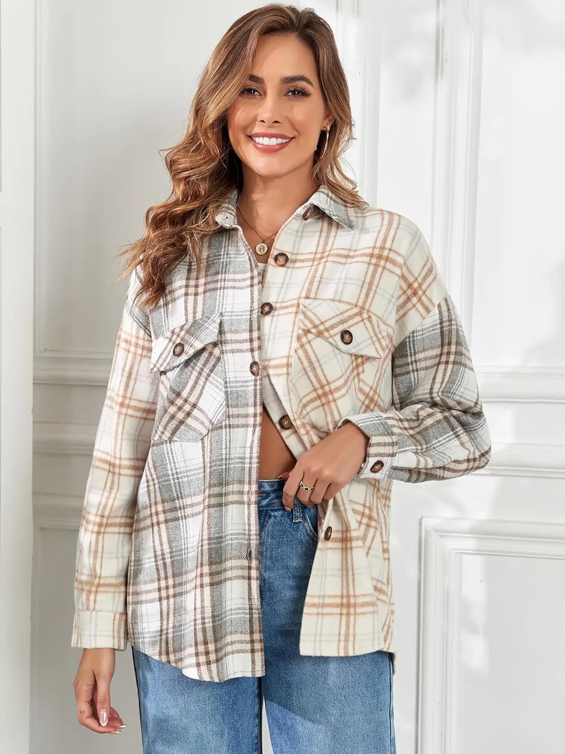 ZAFUL Women's Plaid Long Sleeve Shirt Button Down Thin Jacket Casual Flannel Plaid Shacket with Pocket
