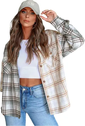 ZAFUL Women's Plaid Long Sleeve Shirt Button Down Thin Jacket Casual Flannel Plaid Shacket with Pocket