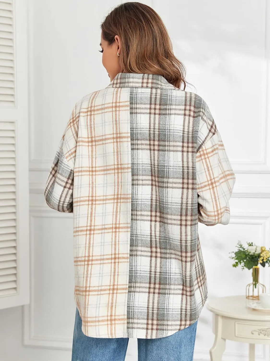 ZAFUL Women's Plaid Long Sleeve Shirt Button Down Thin Jacket Casual Flannel Plaid Shacket with Pocket