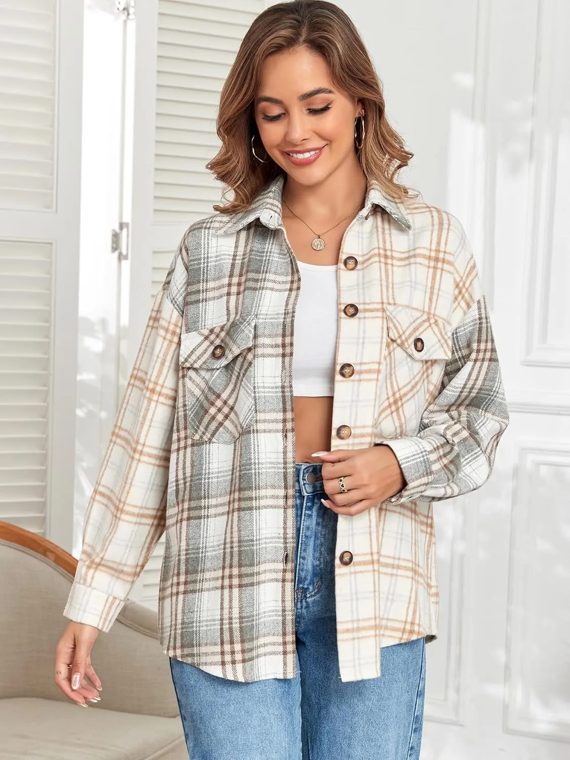 ZAFUL Women's Plaid Long Sleeve Shirt Button Down Thin Jacket Casual Flannel Plaid Shacket with Pocket