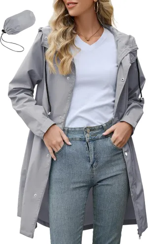 Zando Plus Size Rain Jackets for Women Long Rain Coat for Women Waterproof Rain Jacket Womens Waterproof with Hood Waist Cinching Long Raincoat Lightweight Windbreaker Trench Coat Gray 2XL