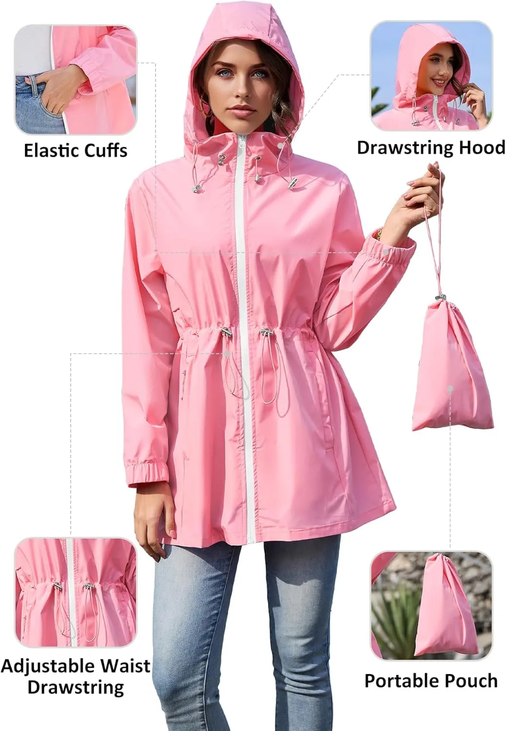 Zando Waterproof Rain Jacket Women Lightweight Raincoat for Women Packable Hooded Windbreaker for Outdoor Travel Hiking