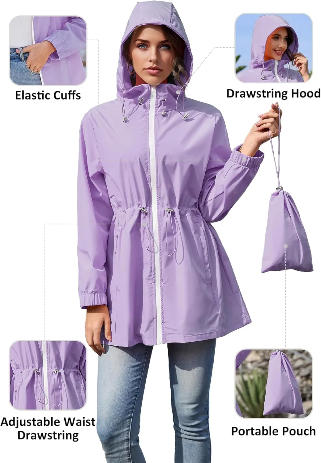 Zando Waterproof Rain Jacket Women Lightweight Raincoat for Women Packable Hooded Windbreaker for Outdoor Travel Hiking