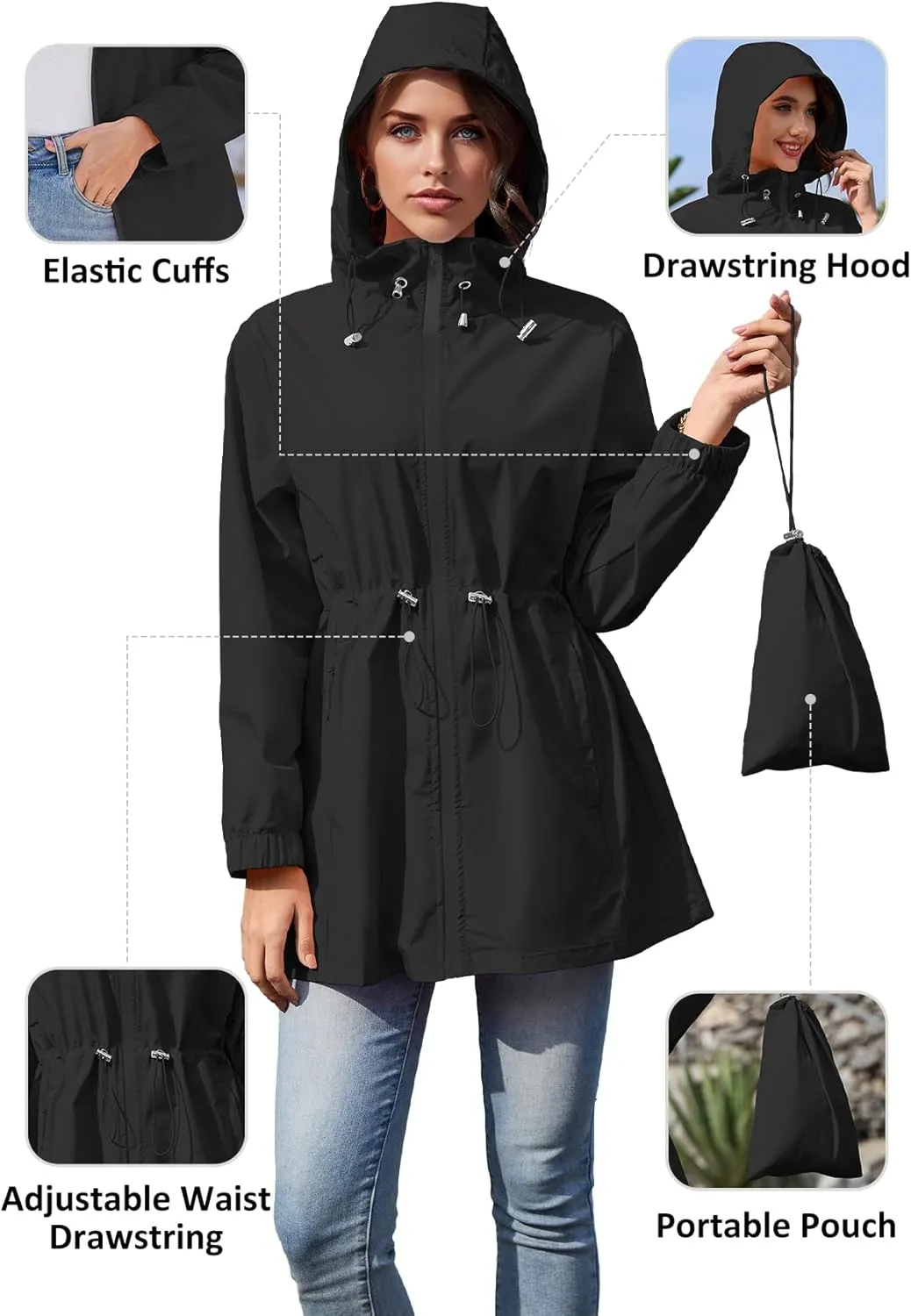 Zando Waterproof Rain Jacket Women Lightweight Raincoat for Women Packable Hooded Windbreaker for Outdoor Travel Hiking