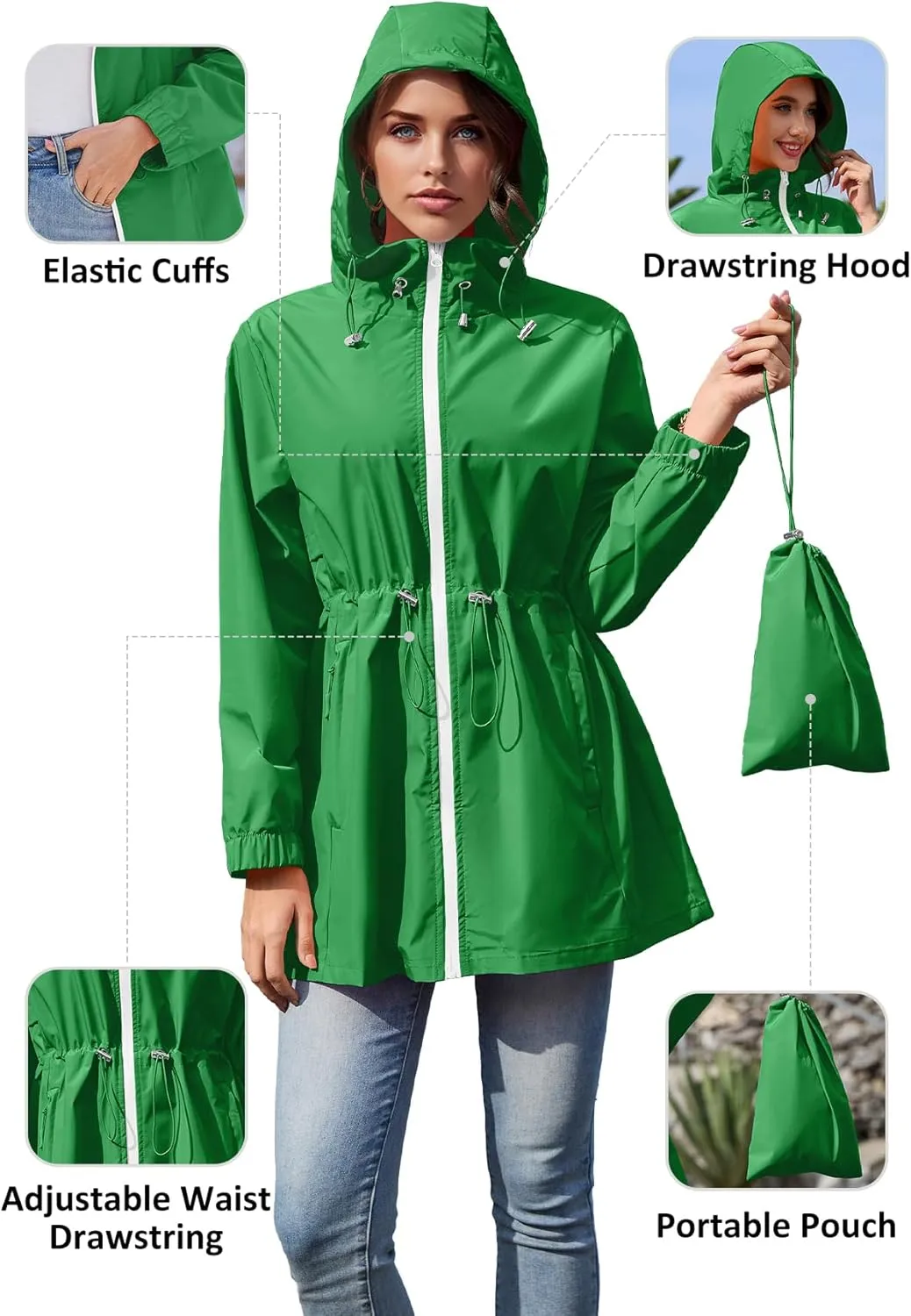 Zando Waterproof Rain Jacket Women Lightweight Raincoat for Women Packable Hooded Windbreaker for Outdoor Travel Hiking