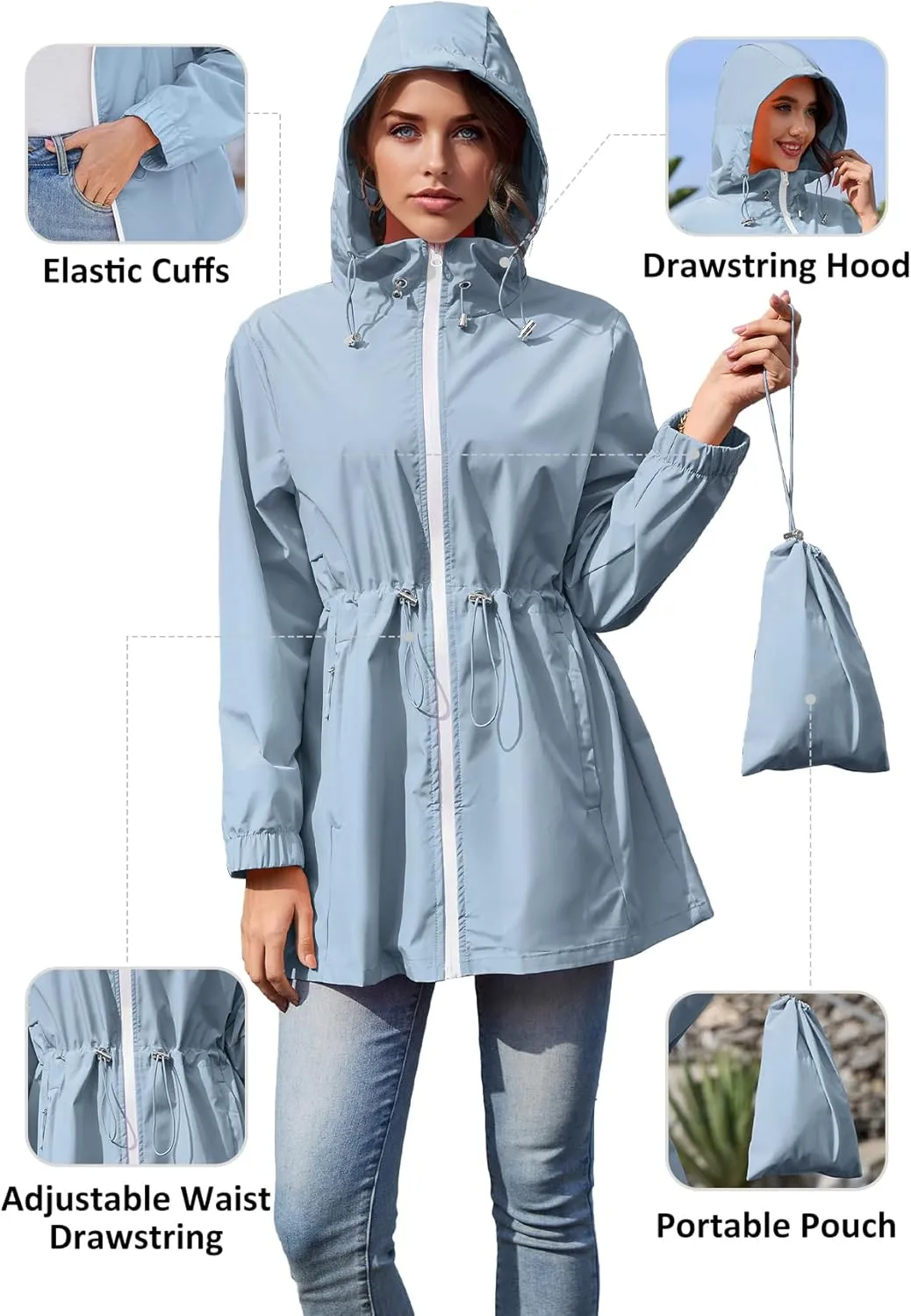 Zando Waterproof Rain Jacket Women Lightweight Raincoat for Women Packable Hooded Windbreaker for Outdoor Travel Hiking