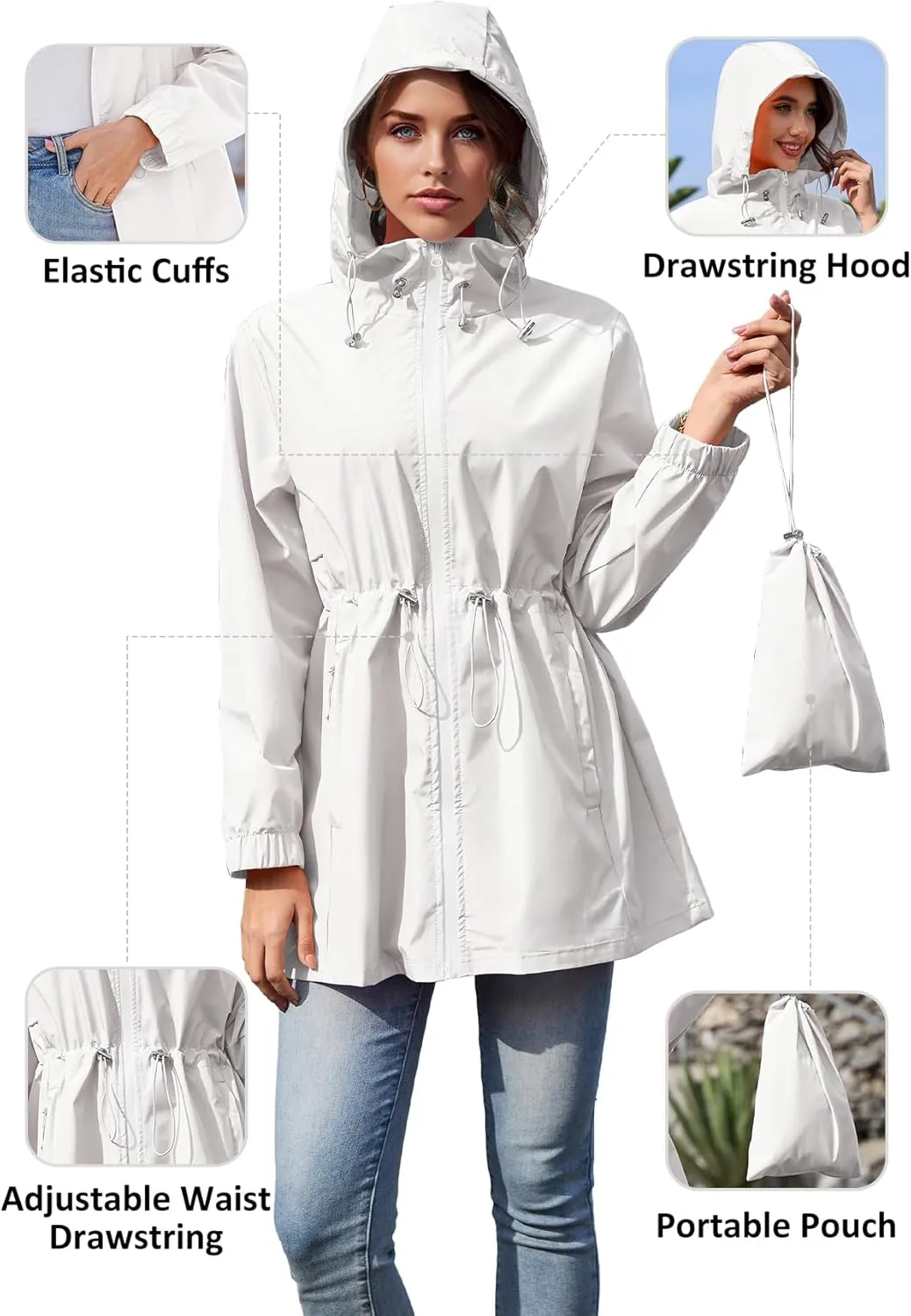 Zando Waterproof Rain Jacket Women Lightweight Raincoat for Women Packable Hooded Windbreaker for Outdoor Travel Hiking
