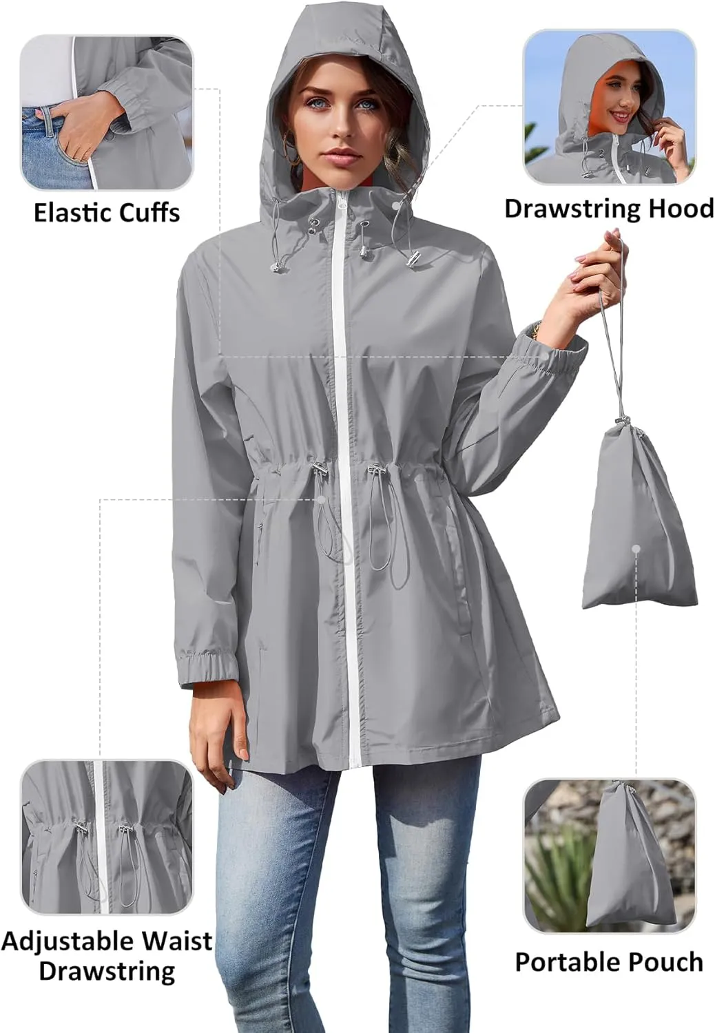 Zando Waterproof Rain Jacket Women Lightweight Raincoat for Women Packable Hooded Windbreaker for Outdoor Travel Hiking