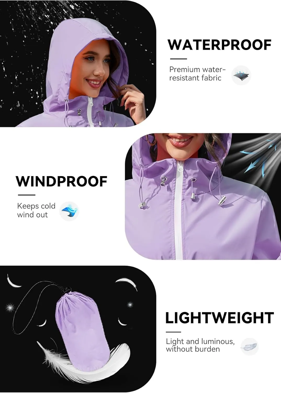 Zando Waterproof Rain Jacket Women Lightweight Raincoat for Women Packable Hooded Windbreaker for Outdoor Travel Hiking