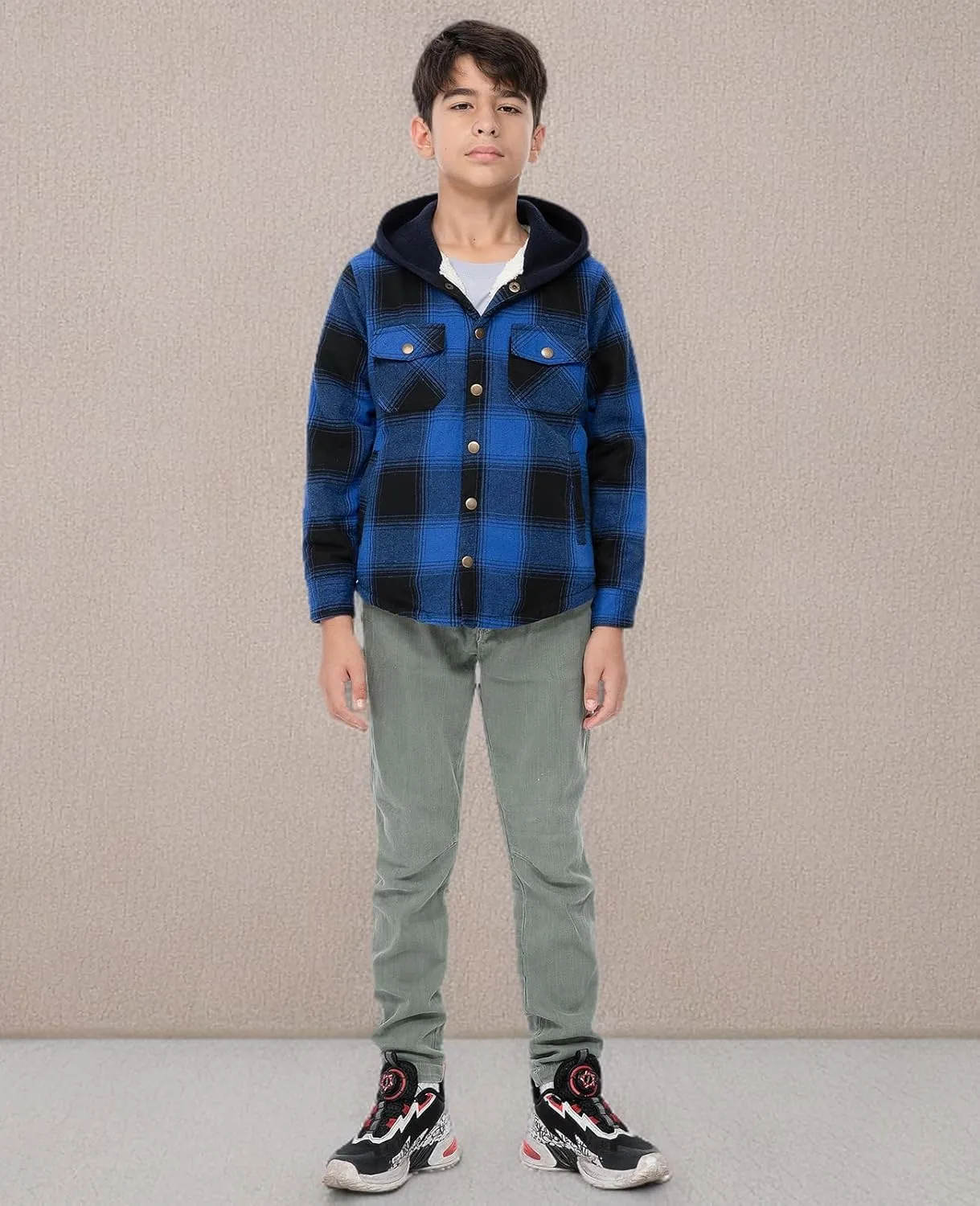 ZENTHACE Kids Boys Girls Sherpa Lined Flannel Shacket Jacket,Hooded Plaid Snap Shirt,Fall Winter Playwear