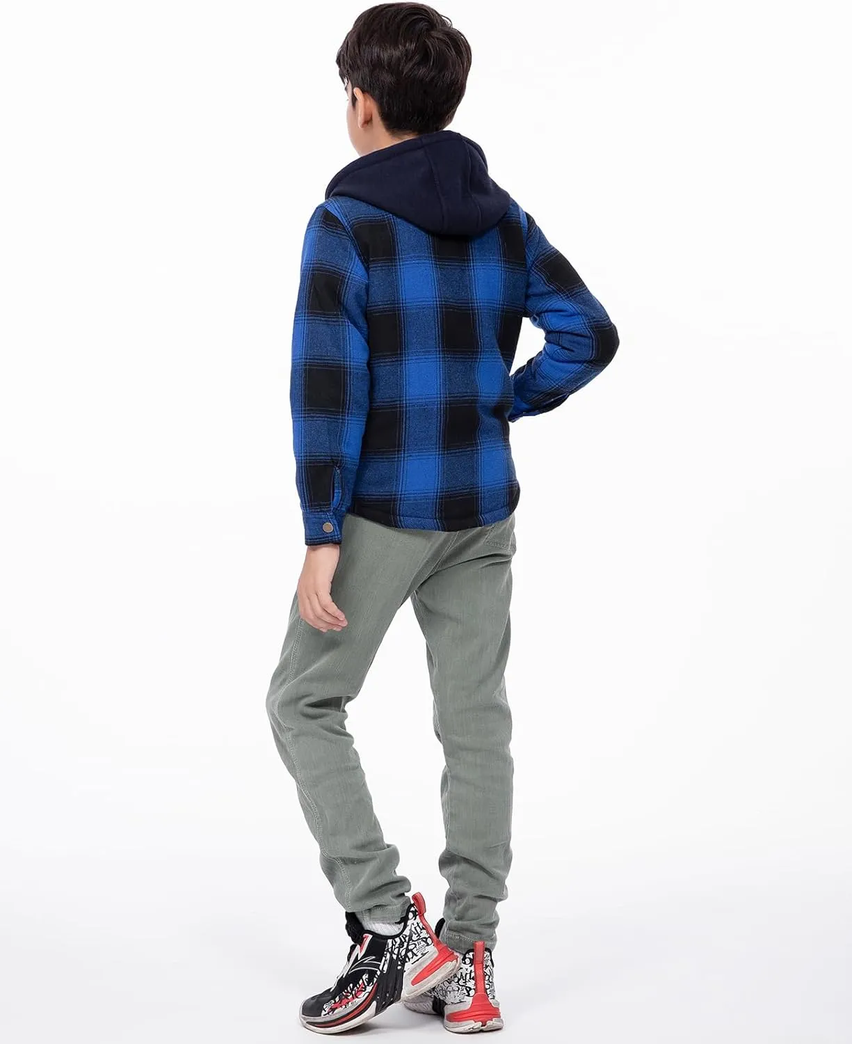 ZENTHACE Kids Boys Girls Sherpa Lined Flannel Shacket Jacket,Hooded Plaid Snap Shirt,Fall Winter Playwear